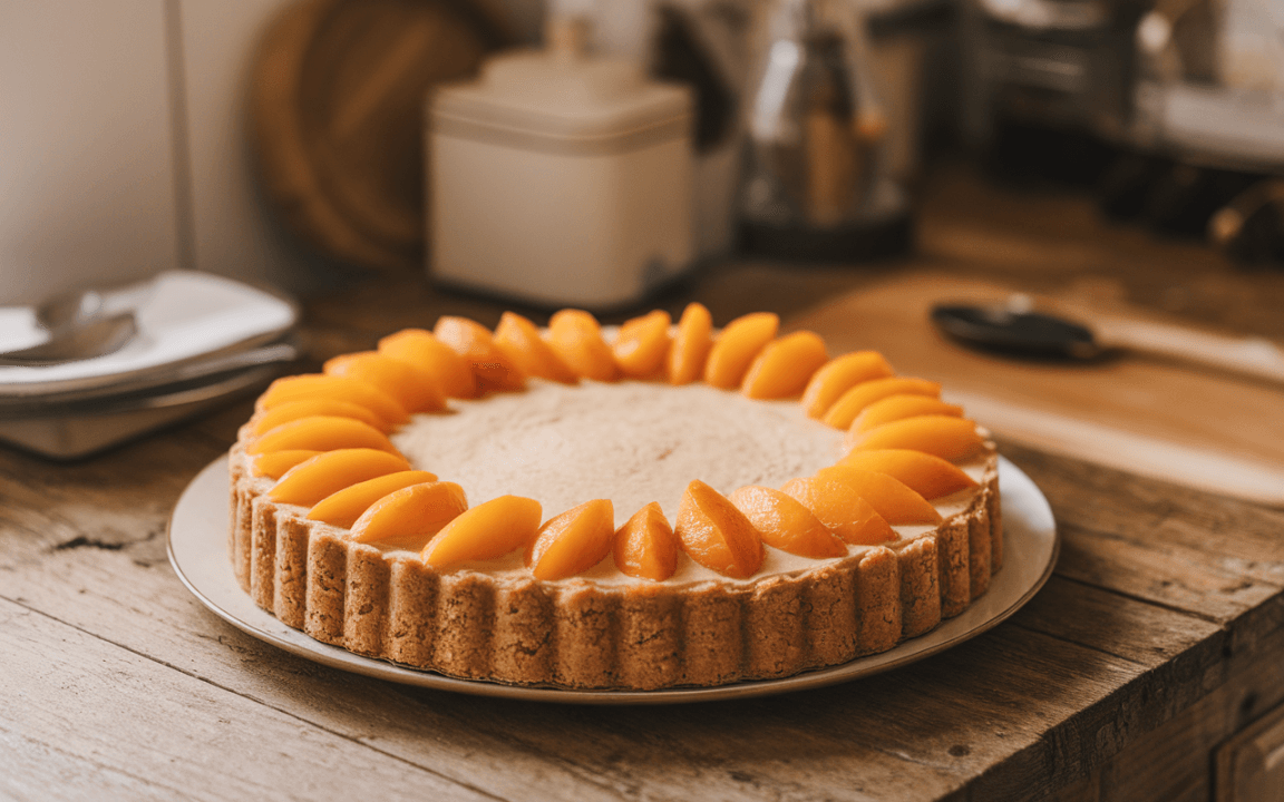 Tarte à la pêche avec une croûte croustillante, décorée de tranches de pêche sur un plat en métal, posée sur une table en bois.