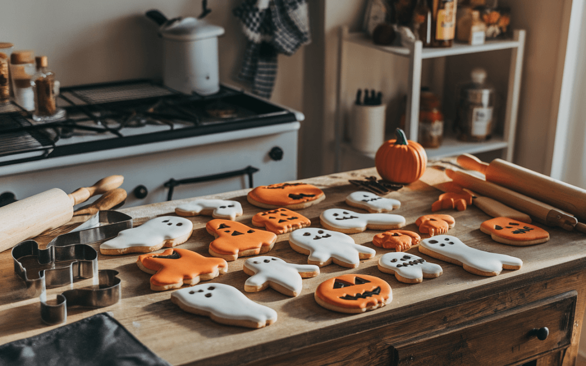 Une table en bois présente des biscuits décorés pour Halloween : fantômes, citrouilles et araignées, avec des rouleaux à pâtisserie en arrière-plan.