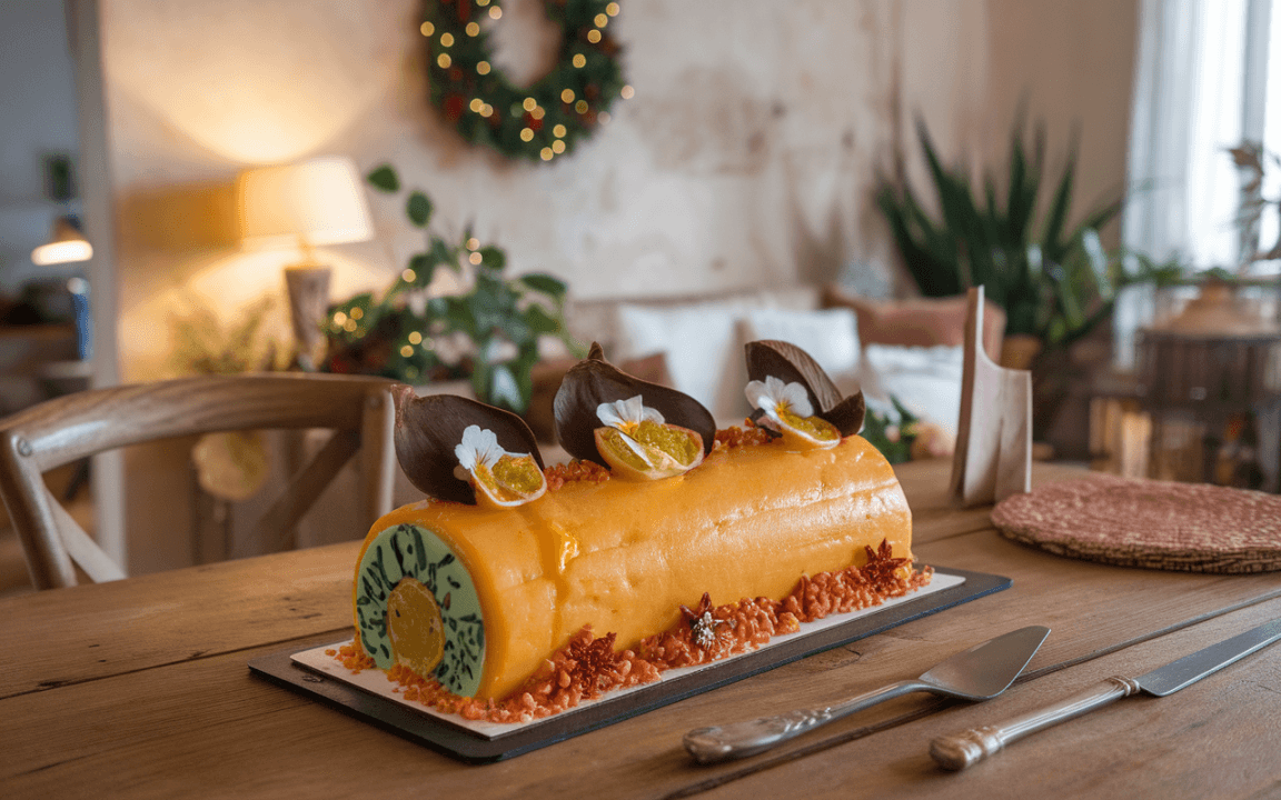 Bûche de Noël décorée avec des fruits, du chocolat et des fleurs, présentée sur une table en bois, ambiance chaleureuse.