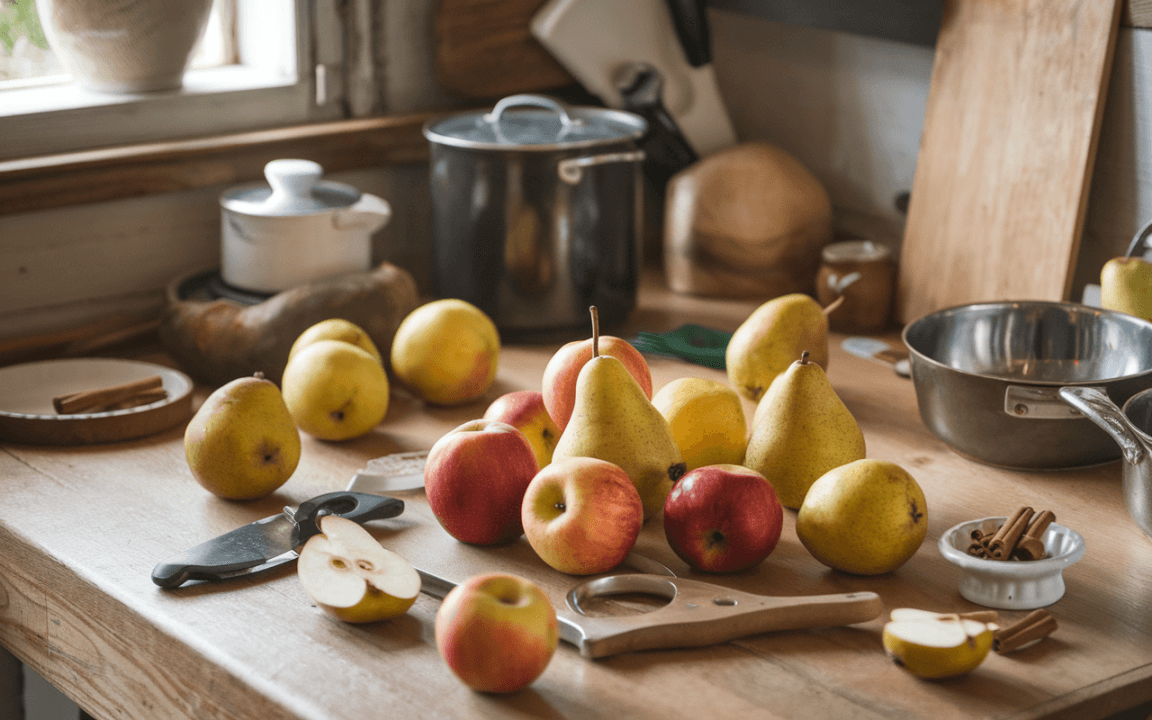 Une table en bois avec des pommes et poires, un couteau, de la cannelle et des ustensiles de cuisine. Lumière naturelle.
