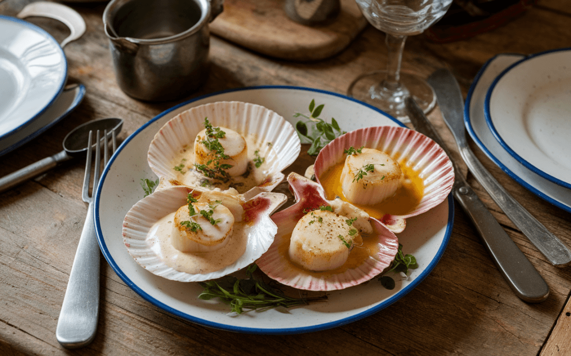 Assiette de coquilles Saint-Jacques garnies de sauces crémeuses, servies dans des coquilles colorées, accompagnées d'herbes fraîches.