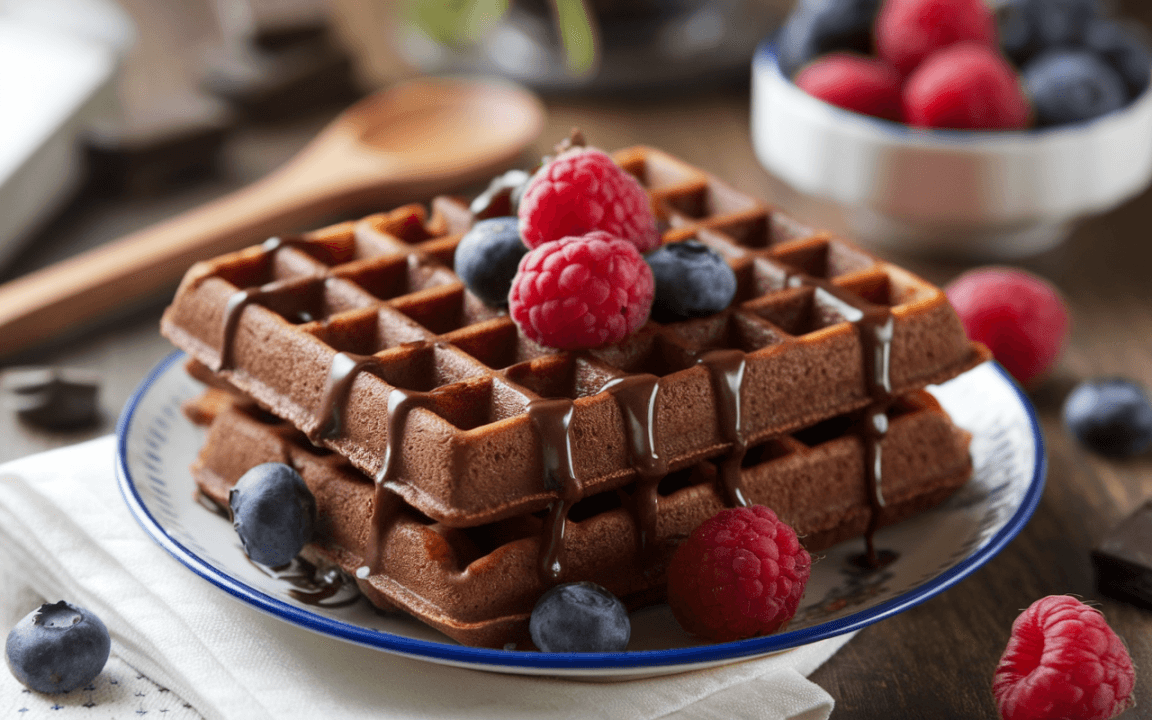 Gaufres au chocolat avec des framboises et des myrtilles, garnies de chocolat coulant, sur une assiette décorative.