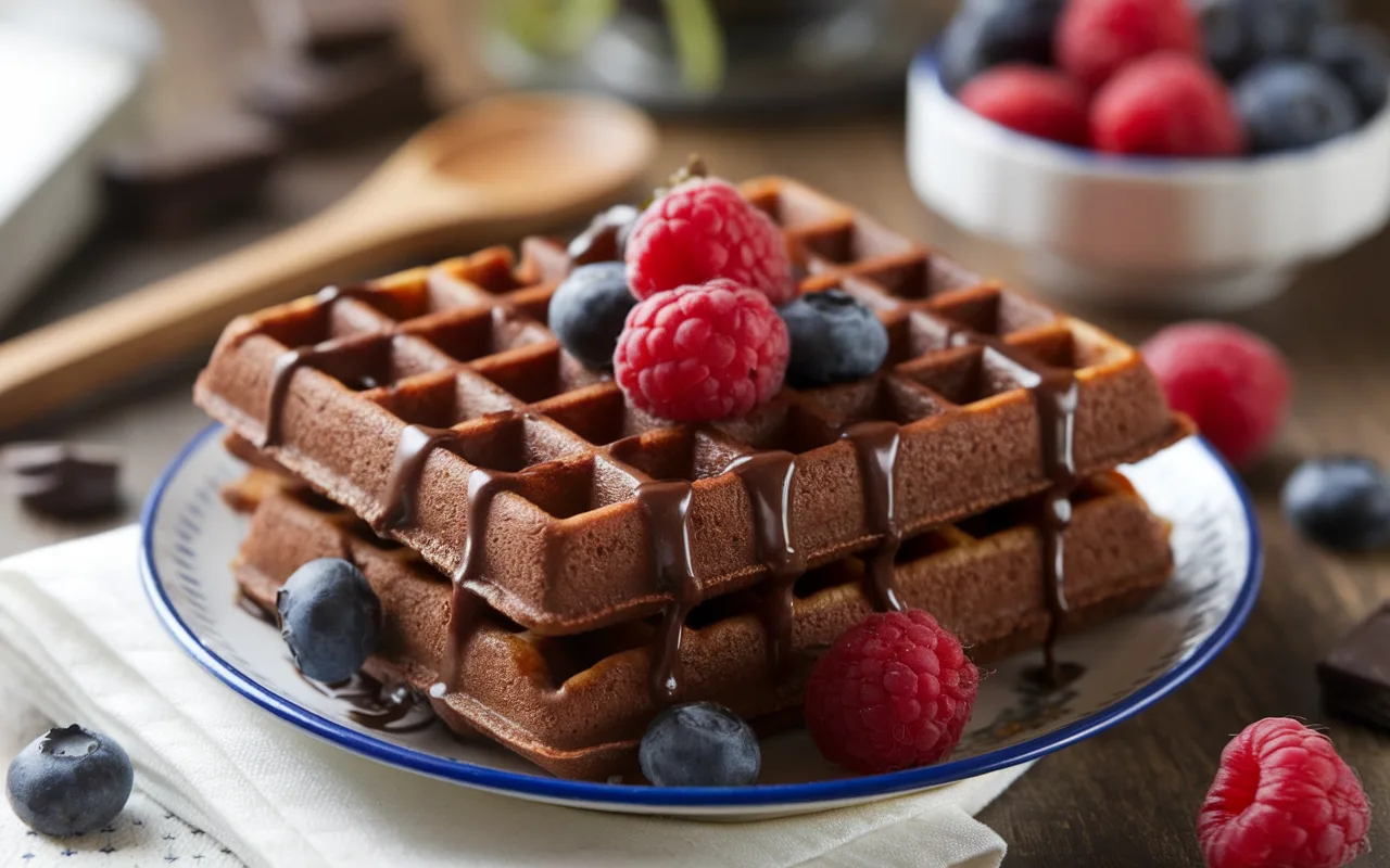 Gaufres au chocolat avec des framboises et des myrtilles, garnies de chocolat coulant, sur une assiette décorative.