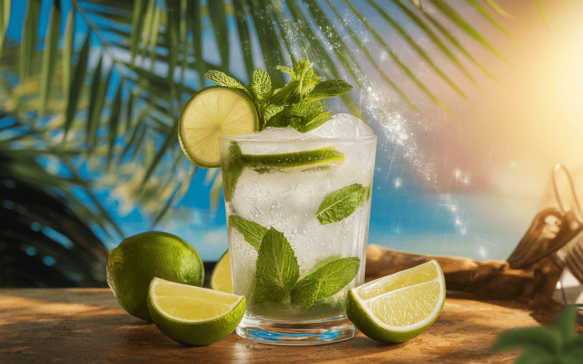 Verre de cocktail avec glaçons, garniture de menthe et quartiers de citron vert, sur fond tropical ensoleillé.