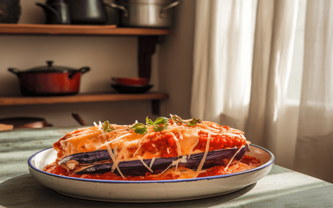 Plat d'aubergine gratinée recouvert de sauce tomate, fromage et herbes fraîches, présenté sur une table en bois.
