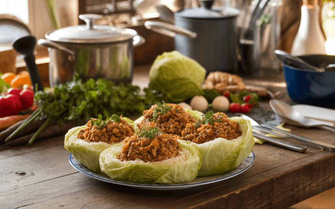 Trois portions de chou farci sur une assiette, entourées de légumes frais dans une cuisine lumineuse et chaleureuse.