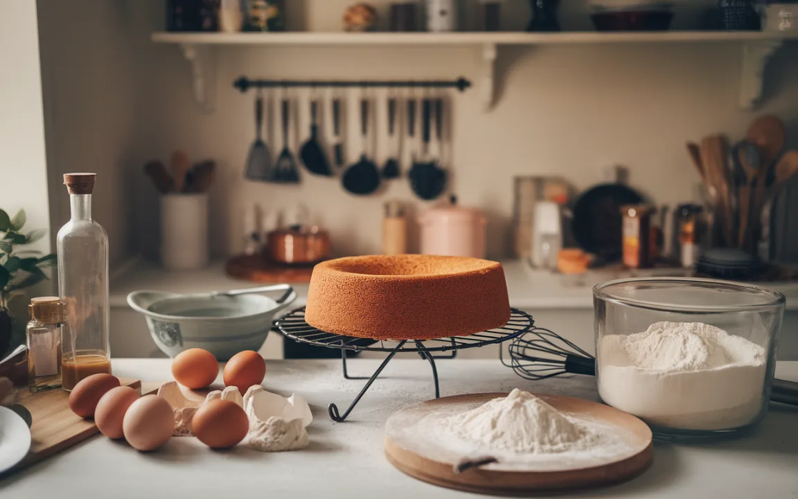 Cuisine accueillante avec gâteau sur une grille, ingrédients comme œufs, farine et huile sur la table. Ustensiles en arrière-plan.