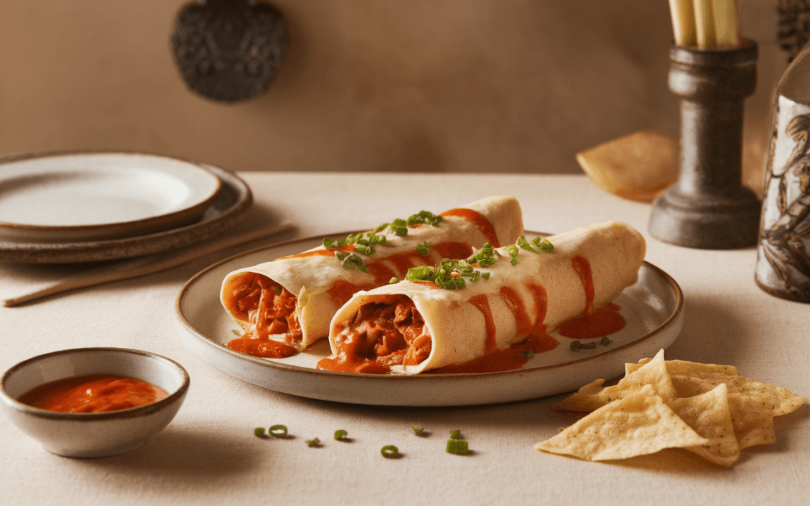 Deux enchiladas garnies de viande, nappées de sauce, avec de la coriandre, accompagnées de chips tortilla et d'une petite sauce.