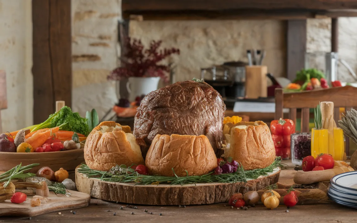 Plat copieux avec un rôti au centre, entouré de pain, de légumes frais et d’assiettes, sur une table rustique.