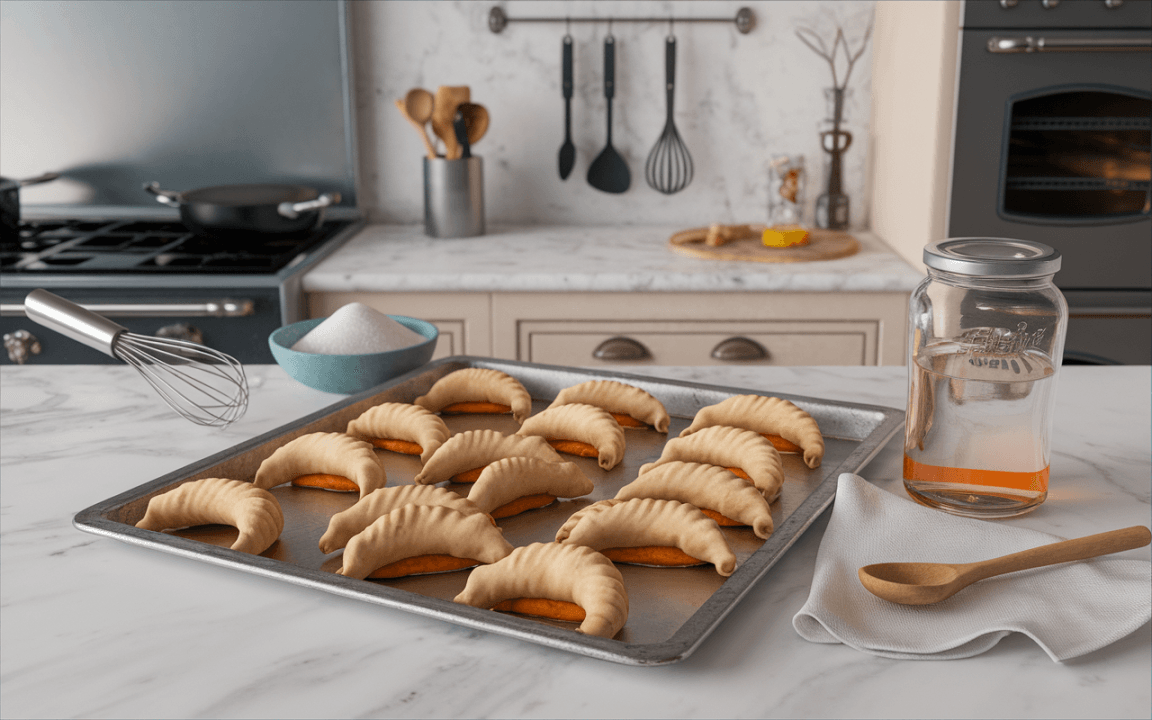 Plaque de cuisson avec des pâtisseries crues sur un plan de travail de cuisine, accompagnée de sucre et d'une jarre d'eau.