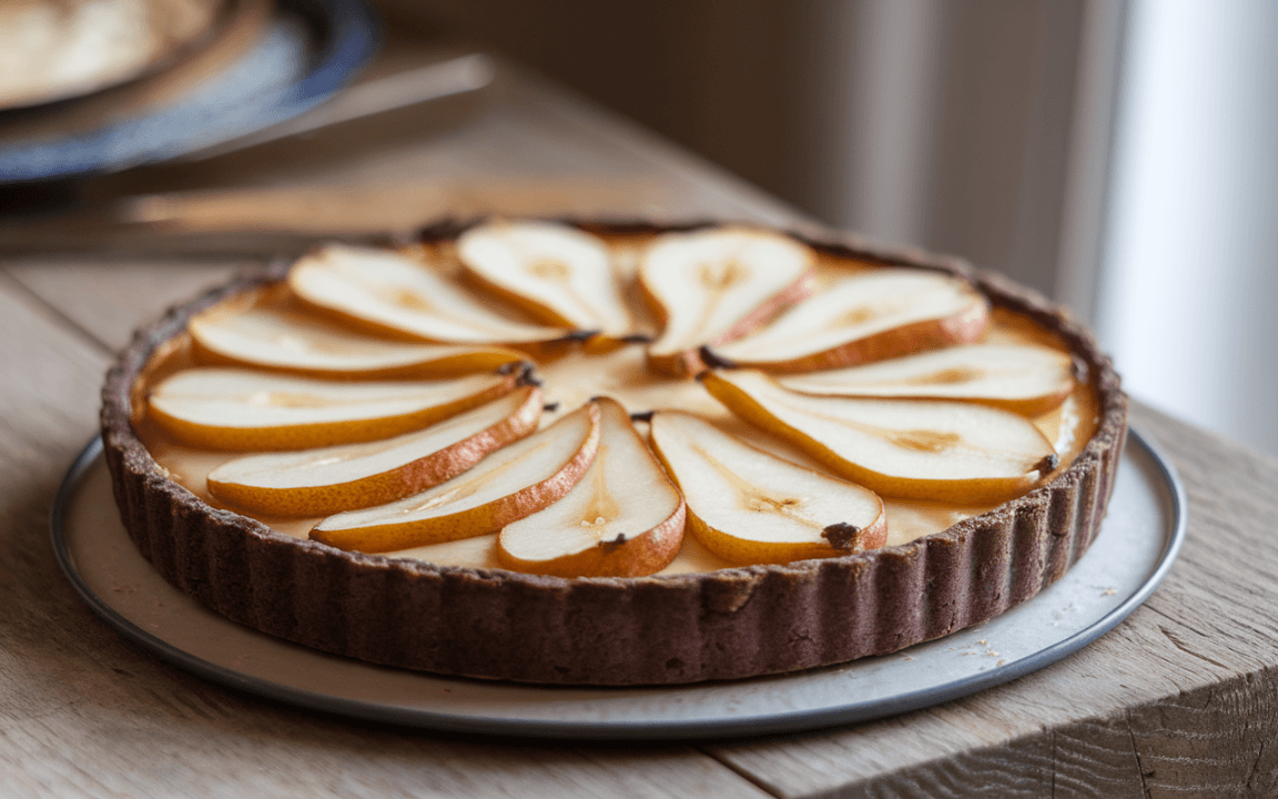 Tarte aux poires tranchées sur une assiette, avec une croûte brune et un fond crémeux, sur une table en bois.