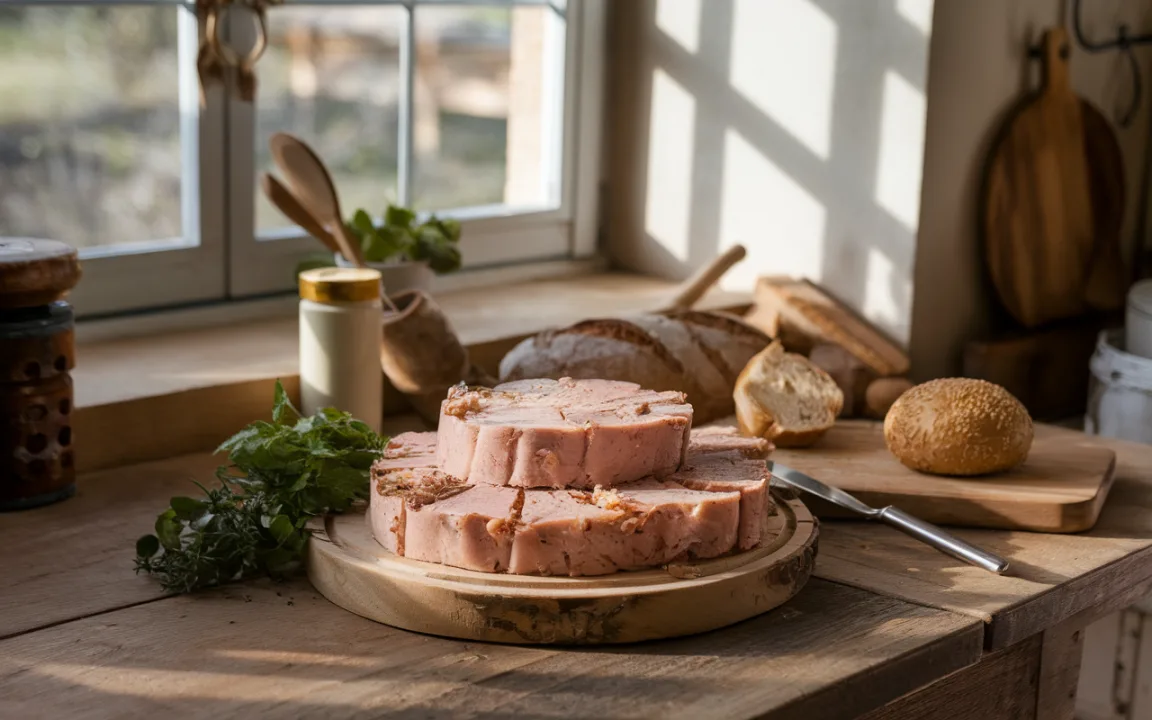 Plateau en bois avec tranches de pâté, pain frais et herbes, exposé près d'une fenêtre illuminée. Ambiance chaleureuse et rustique.
