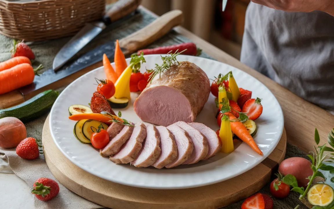 Plat élégant avec filet de viande tranché, accompagné de légumes colorés et de fraises, sur une assiette blanche. Décoration soignée.