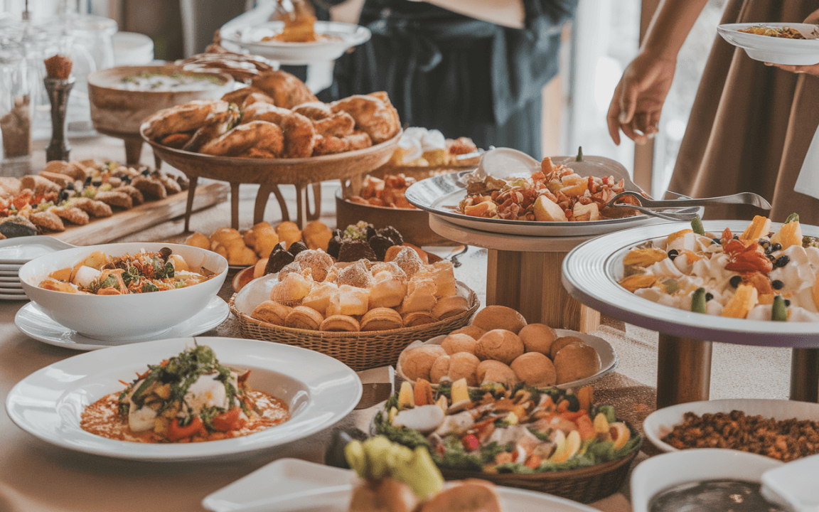 Un buffet varié avec des plats, des salades, des pâtisseries et des fruits colorés, disposés harmonieusement sur des tables.