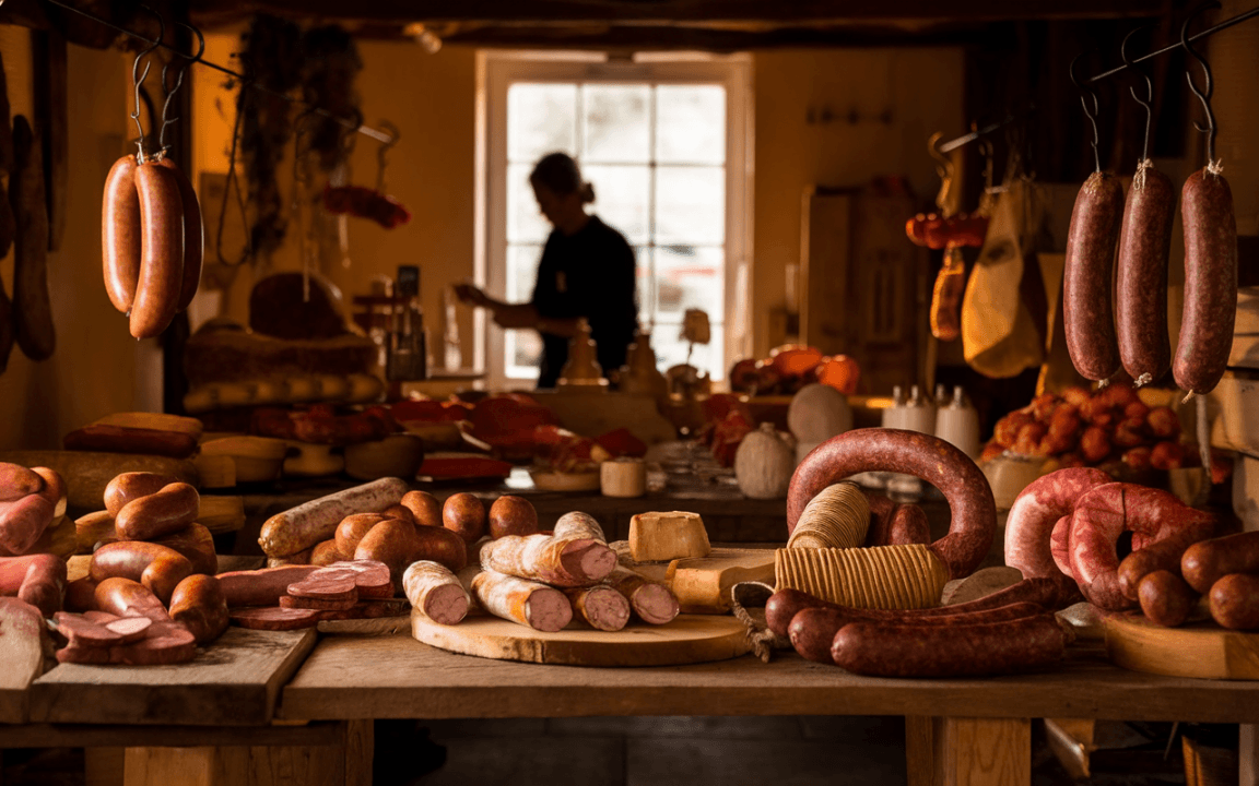 Une charcuterie artisanale avec des saucisses et des viandes suspendues, illuminée par la lumière naturelle d'une fenêtre.
