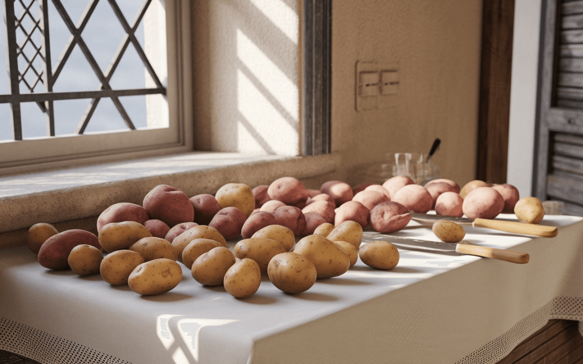 Une variété de pommes de terre colorées disposées sur une table à proximité d'une fenêtre ensoleillée. Artisanat culinaire.