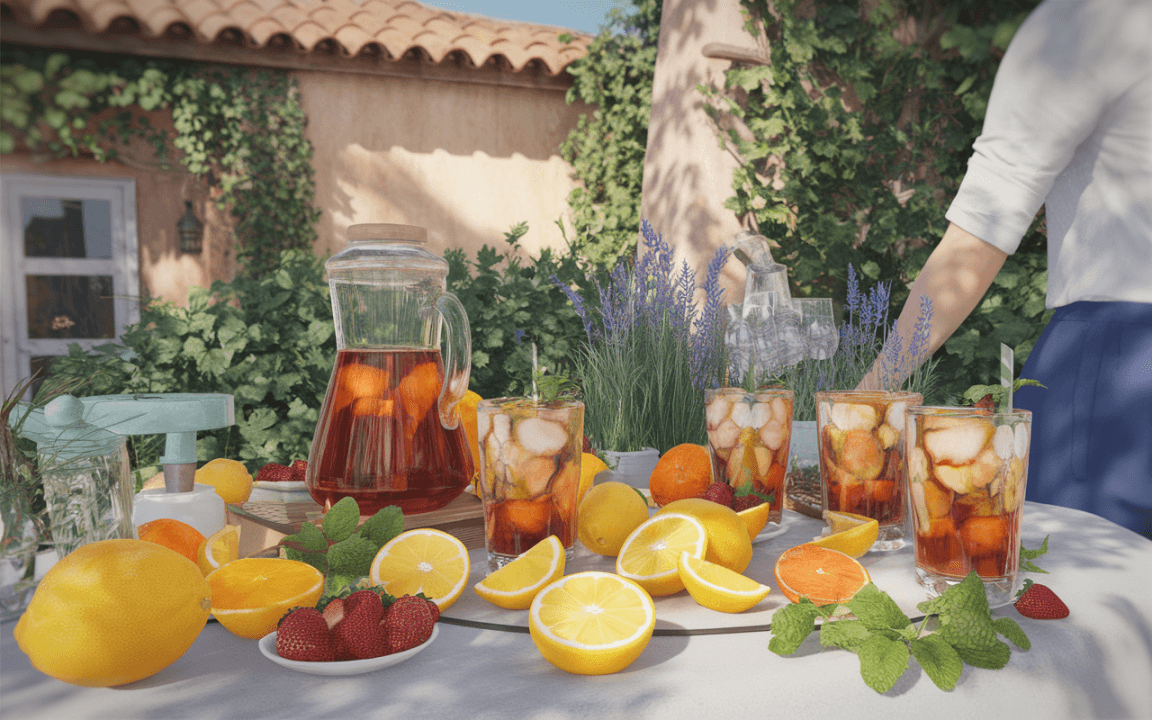 Table garnie de boissons rafraîchissantes et de fruits frais : citron, orange, fraises et menthe, dans un jardin ensoleillé.