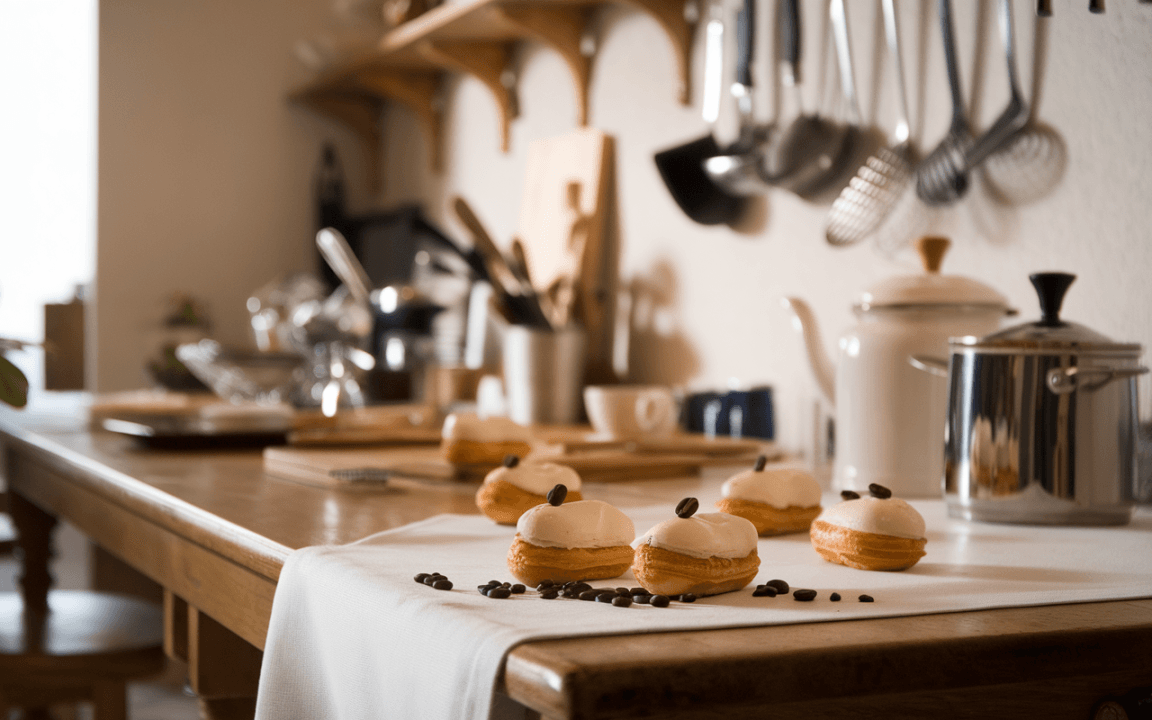 Des éclairs au café sont disposés sur une nappe, entourés de grains de café, dans une cuisine chaleureuse et bien équipée.