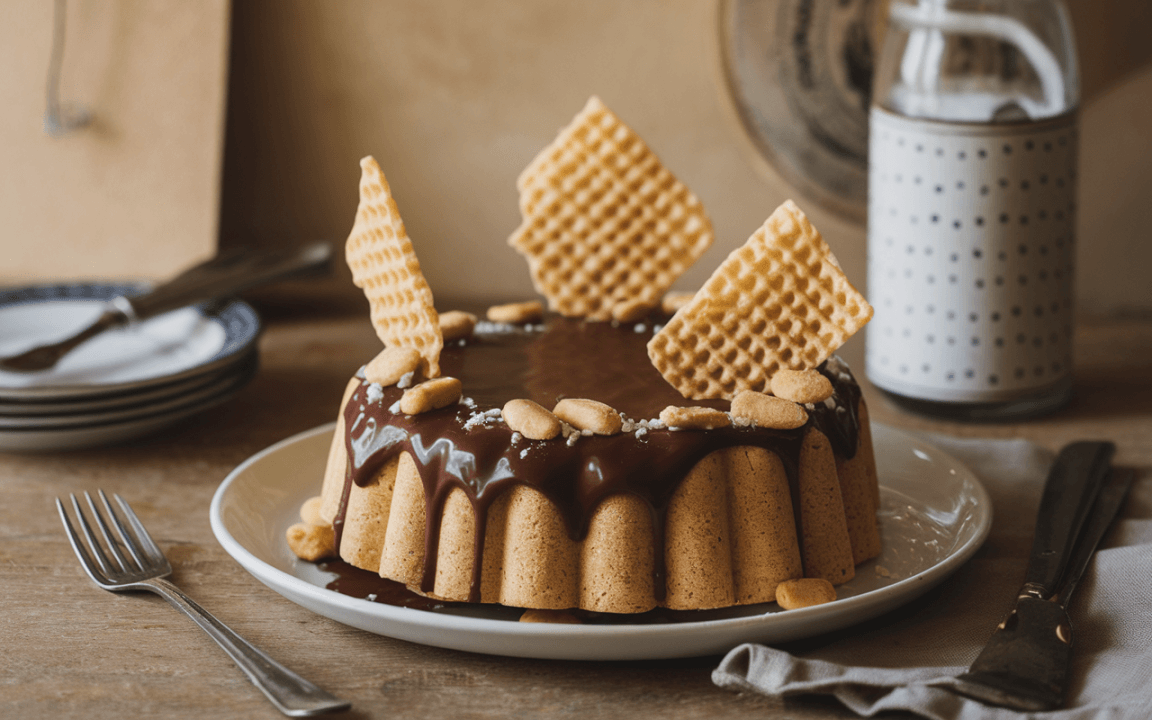 Gâteau décoré de chocolat et de biscuits en forme de gaufrette, servi sur une assiette avec des couverts en arrière-plan.