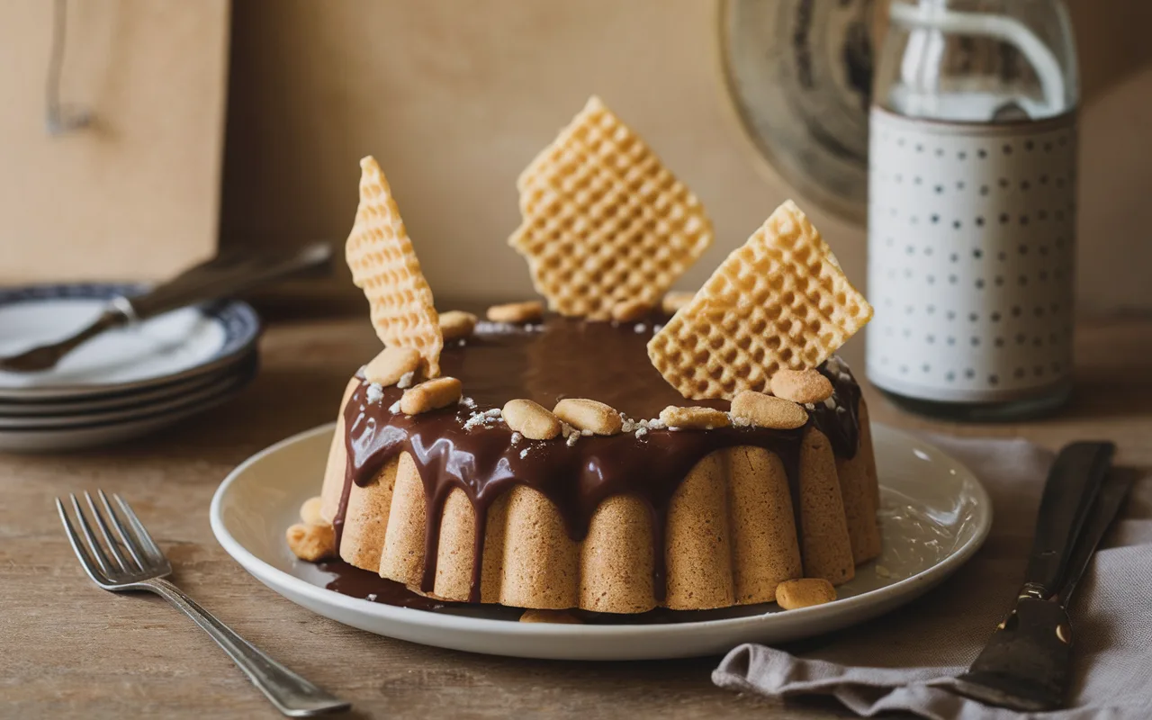 Gâteau décoré de chocolat et de biscuits en forme de gaufrette, servi sur une assiette avec des couverts en arrière-plan.