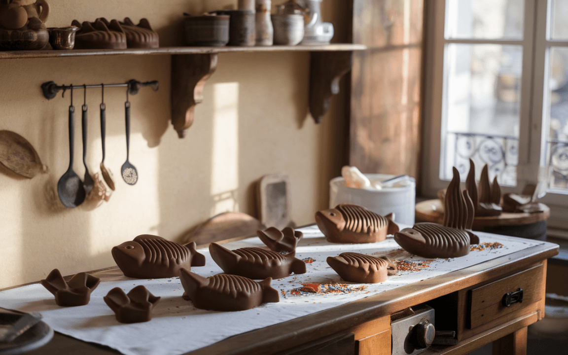 Une cuisine rustique avec des moules en forme de poissons en terre cuite, décorés de confettis colorés sur une table en bois.
