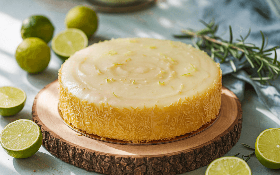 Un gâteau au citron vert sur un plateau en bois, entouré de limes coupées et décoré de zestes de citron.