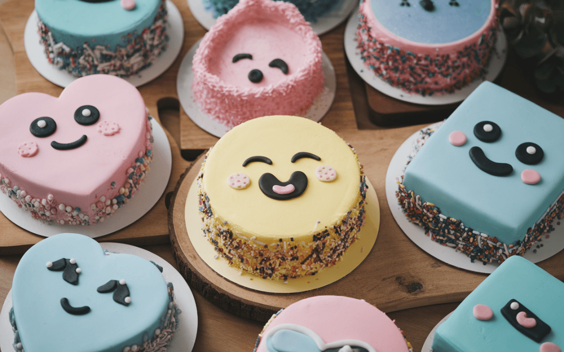 Gâteaux colorés et souriants en différentes formes, dont cœur et carré, décorés de perles et de crème. Ambiance joyeuse et festive.