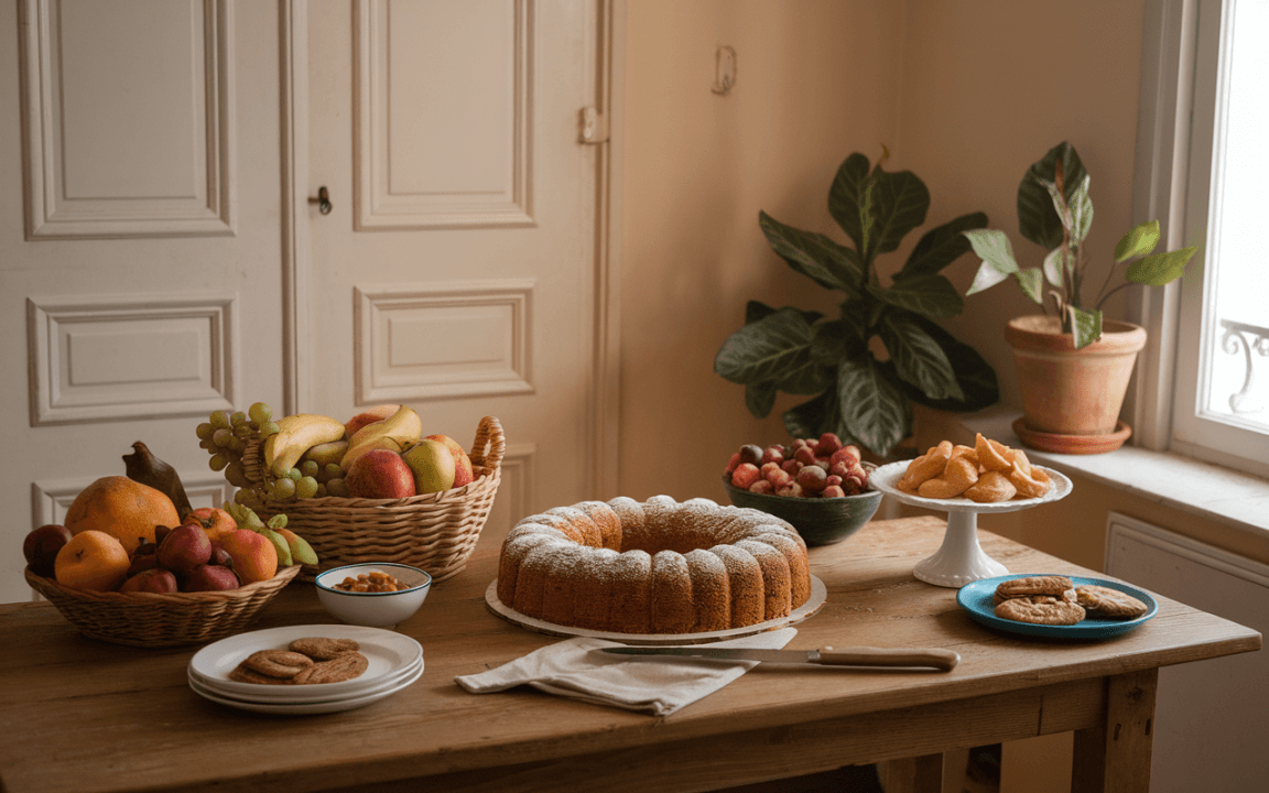 Table en bois avec un gâteau, fruits dans des paniers, biscuits et des gobelets, décorée avec une plante par une fenêtre.