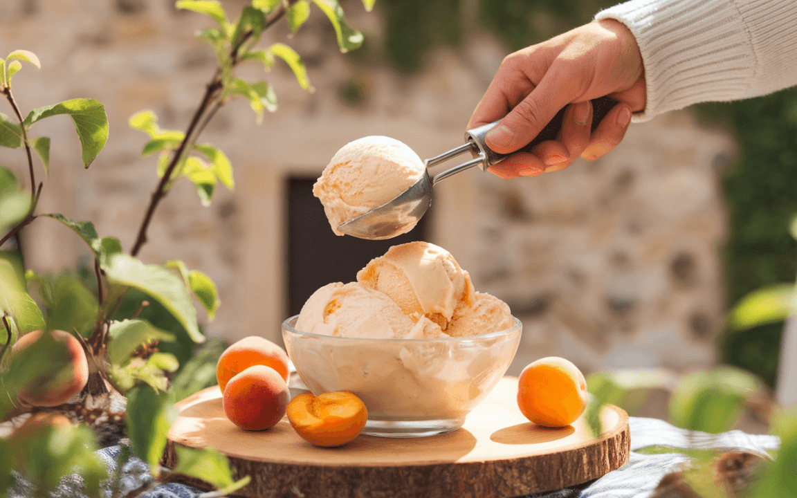 Main tenant une boule de glace au-dessus d'un bol de glace, entouré de fruits frais, dans un cadre naturel ensoleillé.