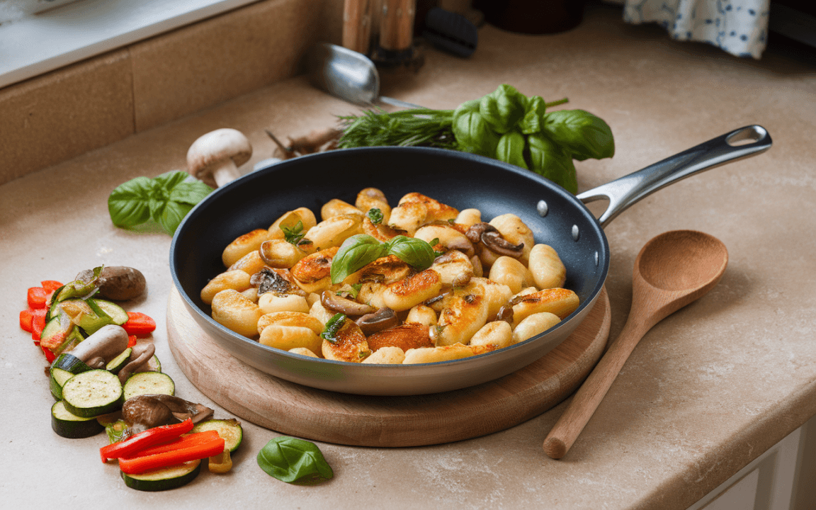 Gnocchis dorés dans une poêle, garnis de basilic, entourés de légumes colorés sur un plan de travail en bois.