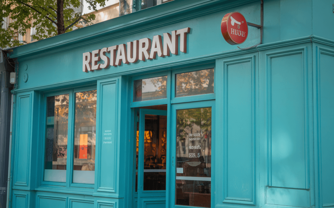 Façade d'un restaurant coloré en turquoise avec une enseigne "RESTAURANT" et un logo rouge, fenêtres modernes et décoration intérieure visible.