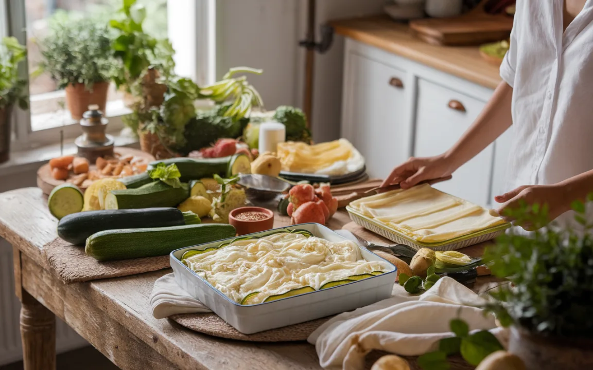 Une cuisine lumineuse avec divers légumes frais, un plat préparé et une personne pliant des feuilles sur une table en bois.