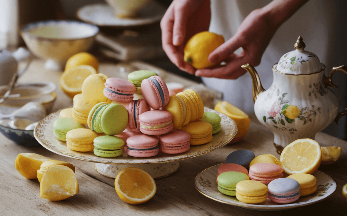 Assiette élégante remplie de macarons colorés, citrons frais et théière délicate sur une table en bois.