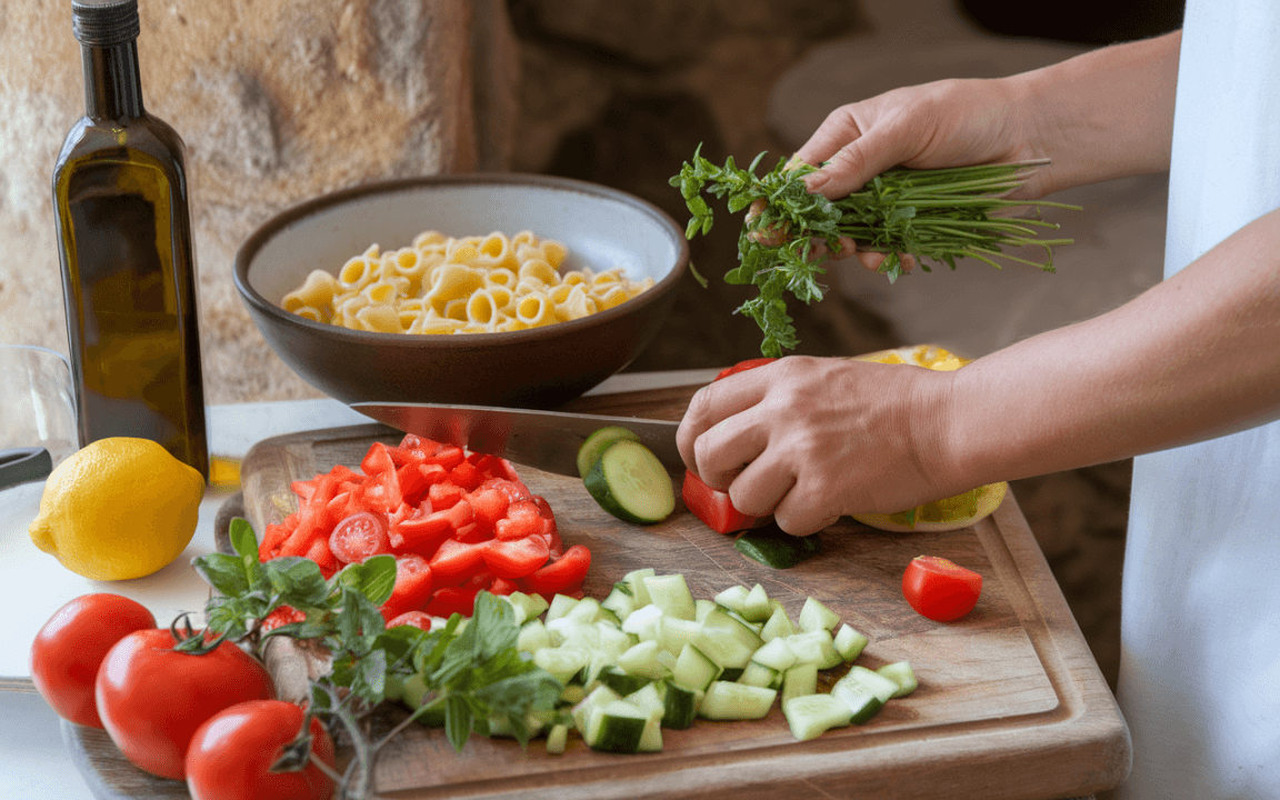 Préparation d'un plat avec des légumes frais, des herbes et des pâtes, sur une planche en bois dans une cuisine lumineuse.