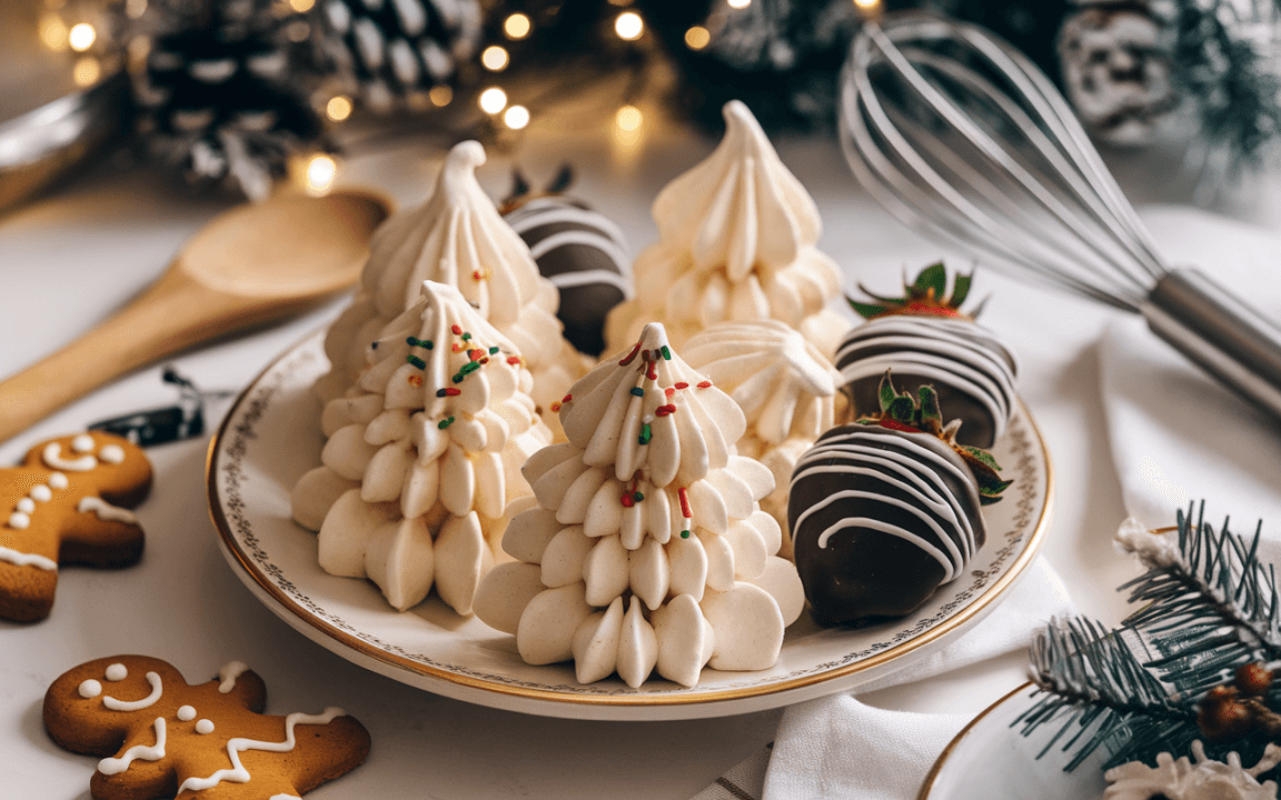 Assiette avec des meringues en forme de sapins, fraises en chocolat, biscuits en pain d'épices, décorations festives et verres.