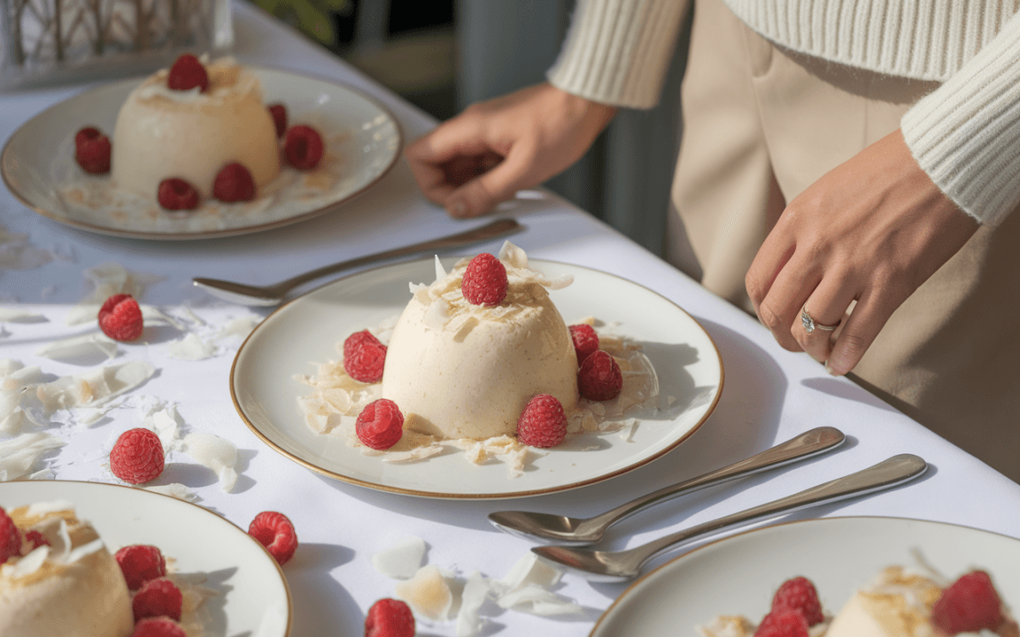 Dessert élégant à base de mousse crème, décoré de framboises et de copeaux de noix de coco, sur une table blanche.