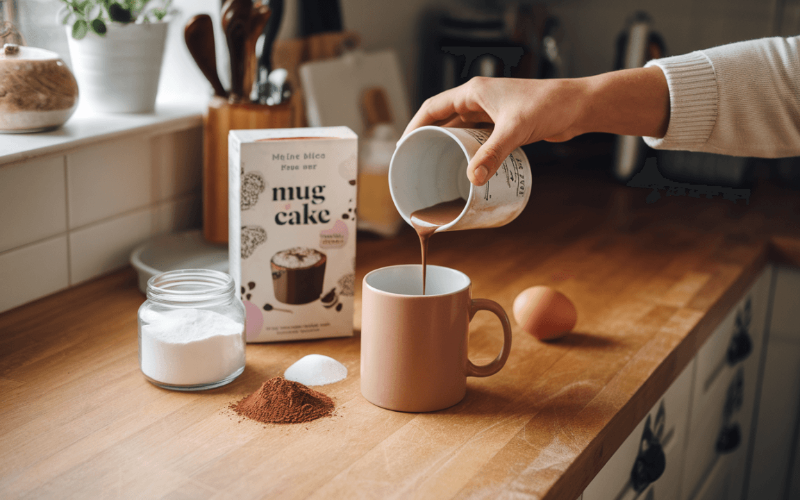 Personne verse un mélange chocolaté dans une tasse rose, avec des ingrédients comme de la farine, du sucre et un œuf en arrière-plan.
