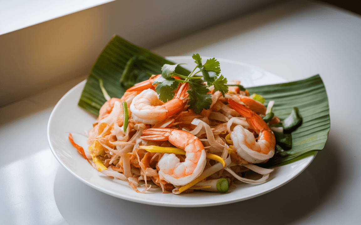 Plat de nouilles aux crevettes, garni de coriandre et de légumes colorés, présenté sur des feuilles de bananier.