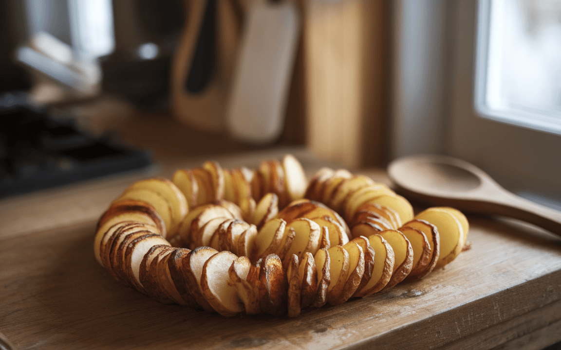 Rond de pommes de terre tranchées, dorées et cuites, présenté sur une planche en bois, avec une cuillère en bois à côté.
