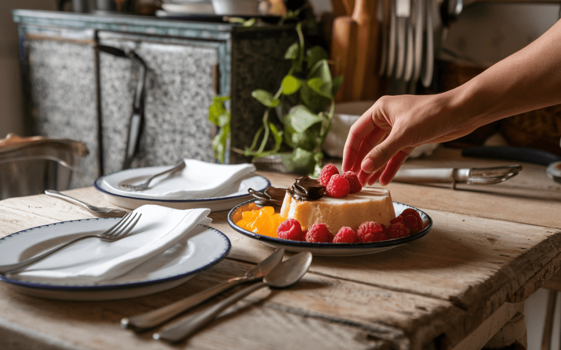 Une main ajoute des framboises sur un dessert, entouré de fruits, dans une cuisine chaleureuse sur une table en bois.