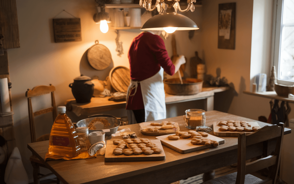 Une personne prépare des biscuits dans une cuisine chaleureuse, entourée d'ingrédients et de plats sur une table en bois.