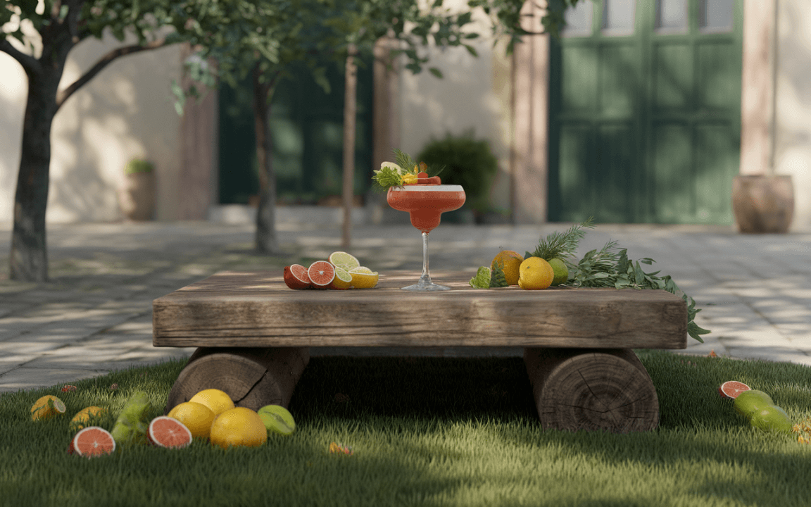 Un cocktail coloré sur une table en bois, entouré de fruits frais, dans un cadre extérieur verdoyant.