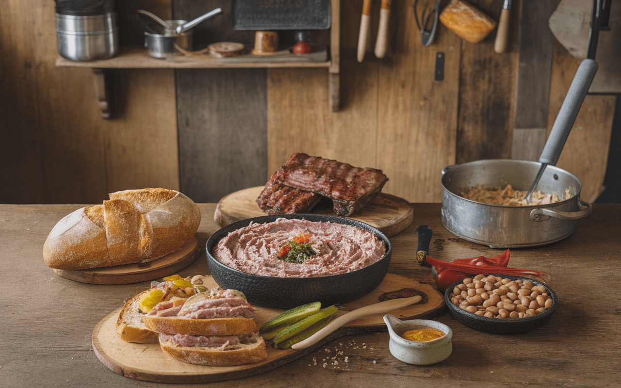 Table en bois avec du pain, une préparation à base de viande, des garnitures, des ribs grillés et des accompagnements variés.