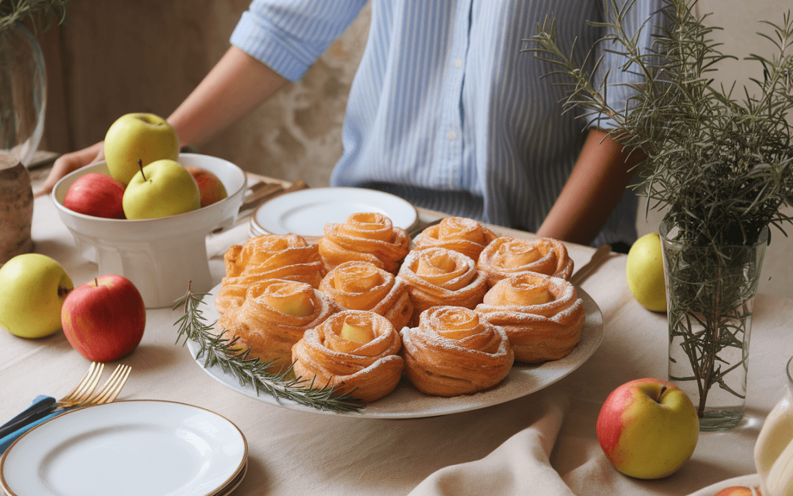 Assiette de pâtisseries en forme de roses, pommes vertes et rouges, décoration de table élégante, fond naturel et chaleureux.