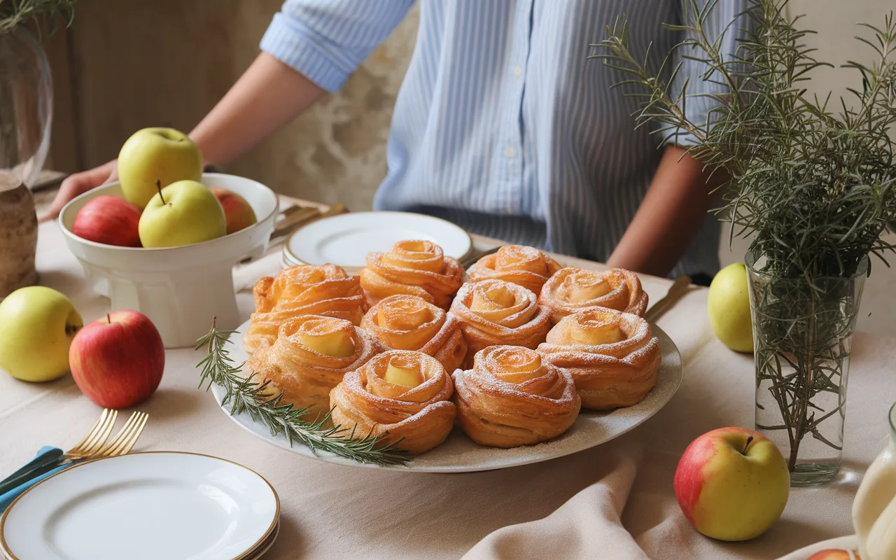 Assiette de pâtisseries en forme de roses, pommes vertes et rouges, décoration de table élégante, fond naturel et chaleureux.