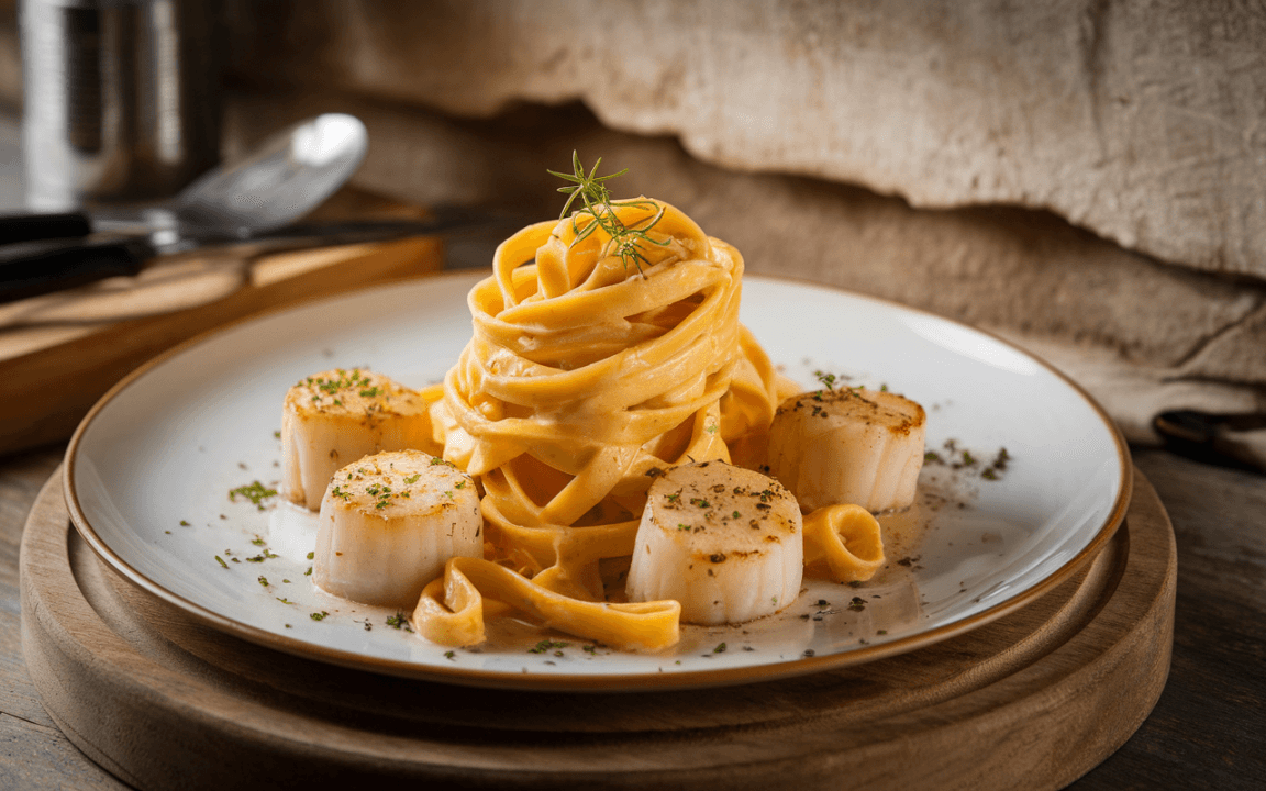 Pâtes tagliatelles enroulées accompagnées de noix de Saint-Jacques dorées, décorées de fines herbes sur assiette blanche.