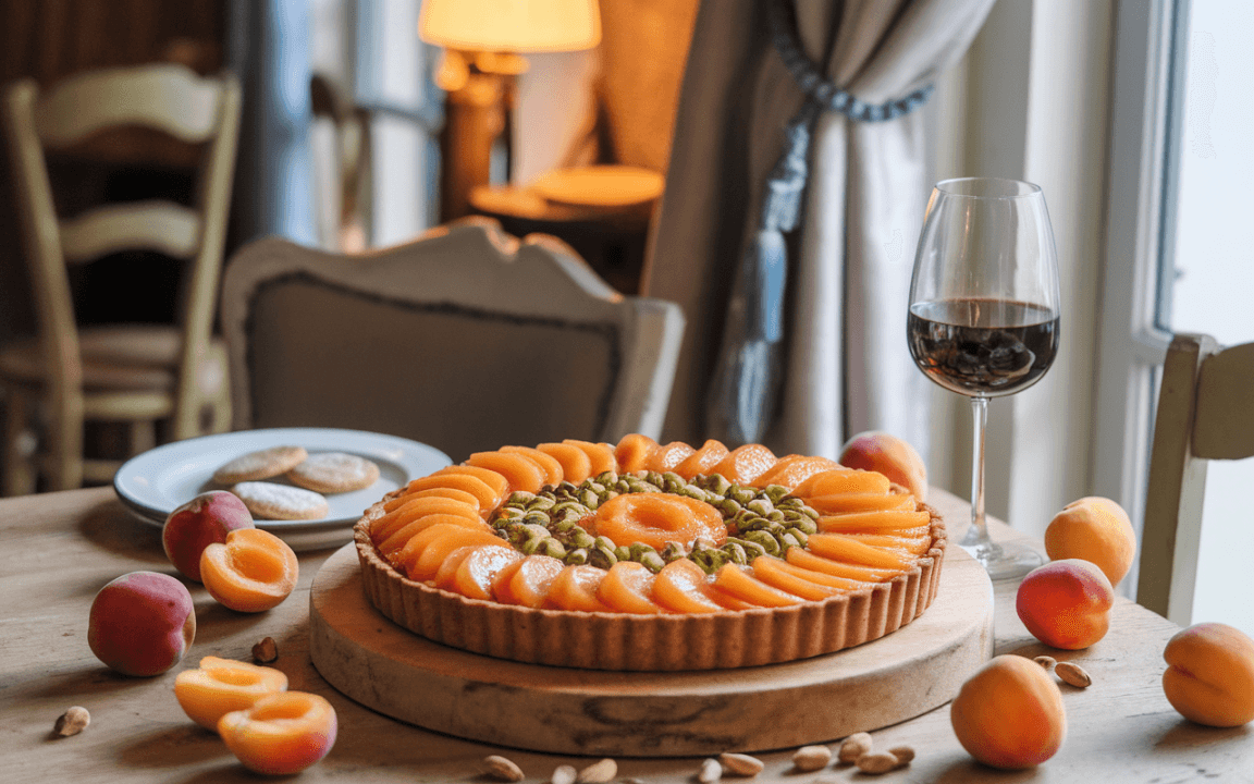 Tarte aux fruits sur une table en bois, accompagnée d'un verre de vin rouge et de biscuits. Des abricots sont éparpillés autour.