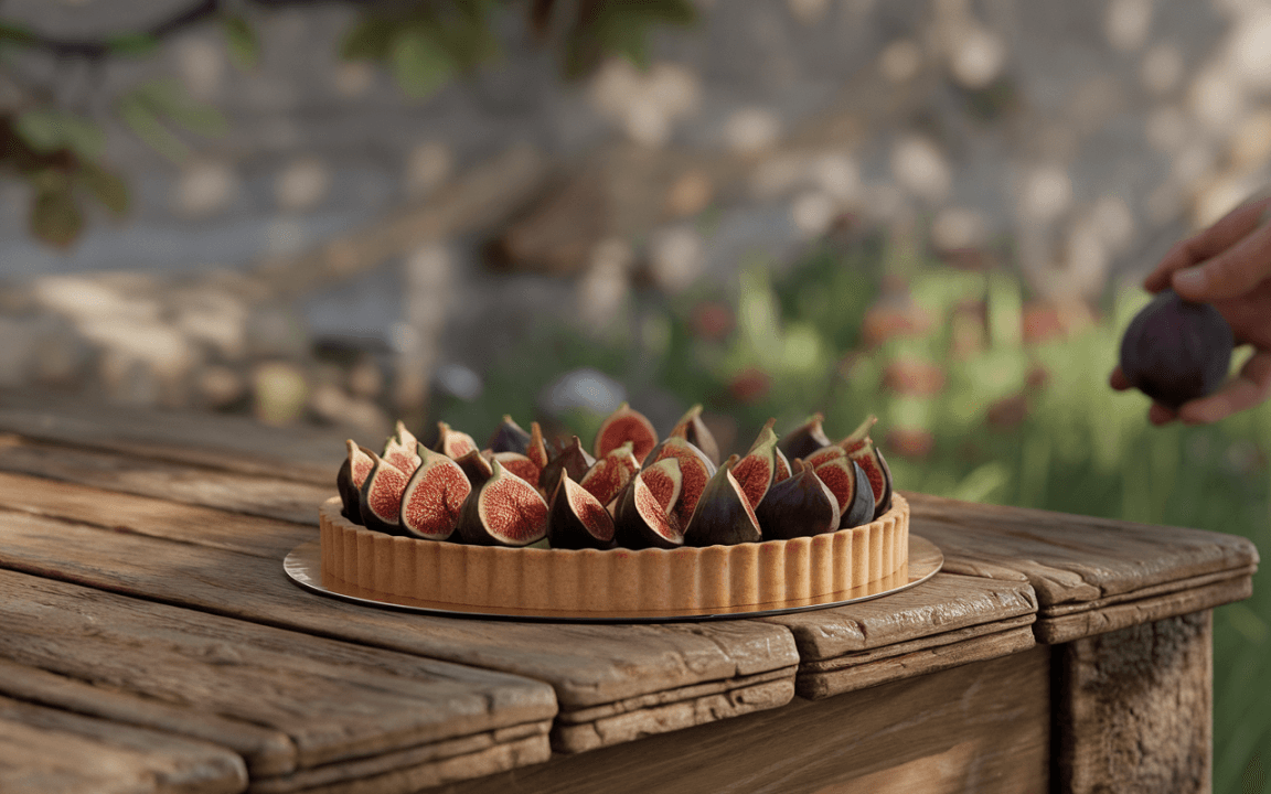 Tarte aux figues sur une table en bois, avec des fleurs floues en arrière-plan et une main tenant une figue.