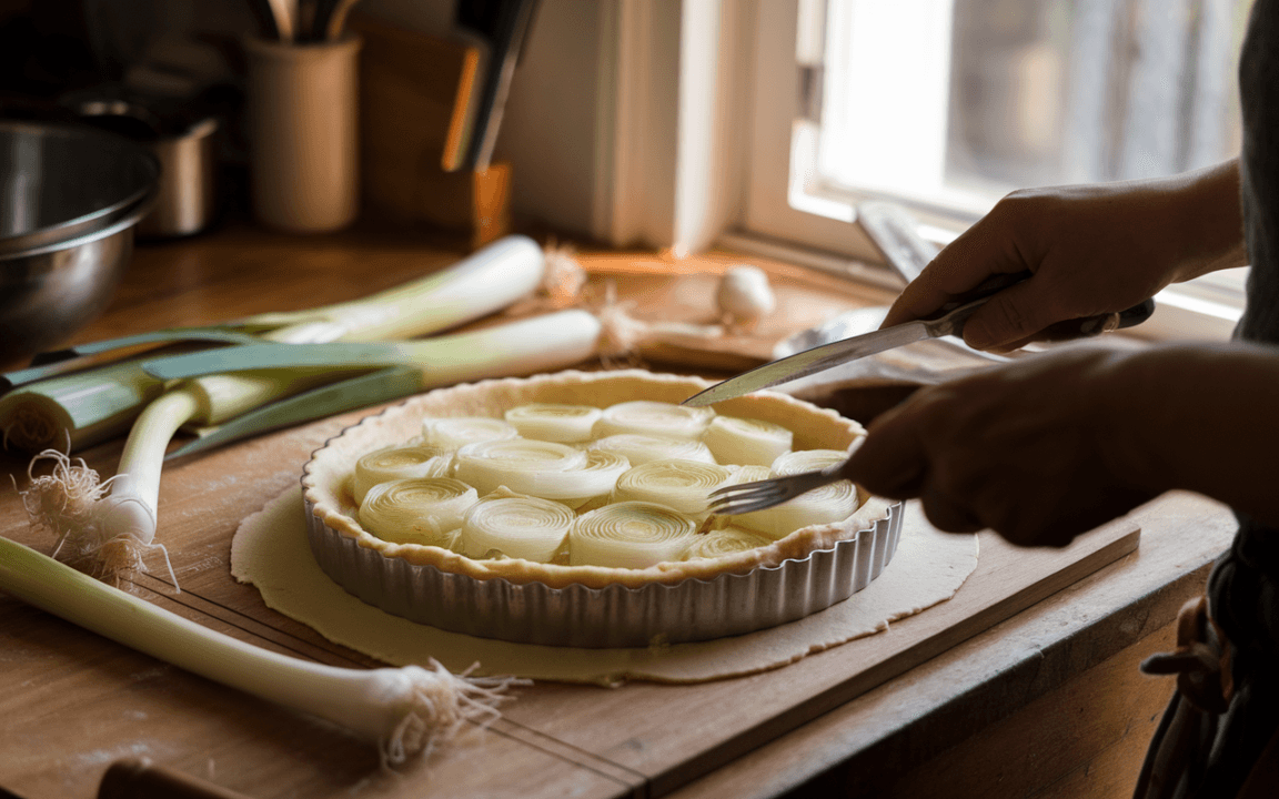Préparation d'une tarte aux poireaux, avec des poireaux tranchés disposés sur une pâte, près d'un plan de travail en bois.