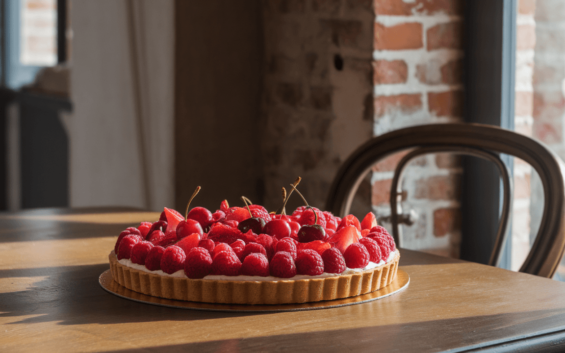 Tarte garnie de framboises et de cerises sur une table en bois, avec un mur de briques en arrière-plan.